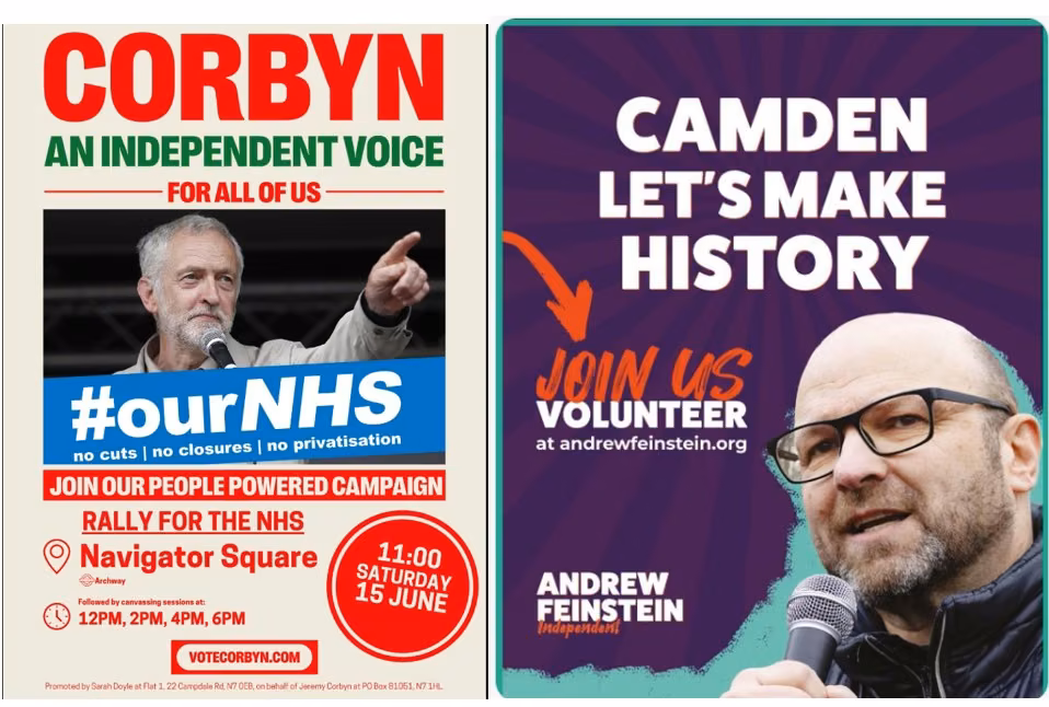Two election posters Corbyn an independent voice and Camden let's make history