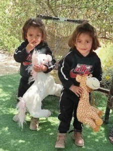 three year old twin girls with their cuddly toys