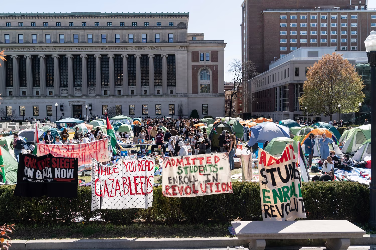 Pro-Palestinian supporters set up a protest encampment on the campus of Columbia University in New York as seen on April 22, 2024 - Project Esther