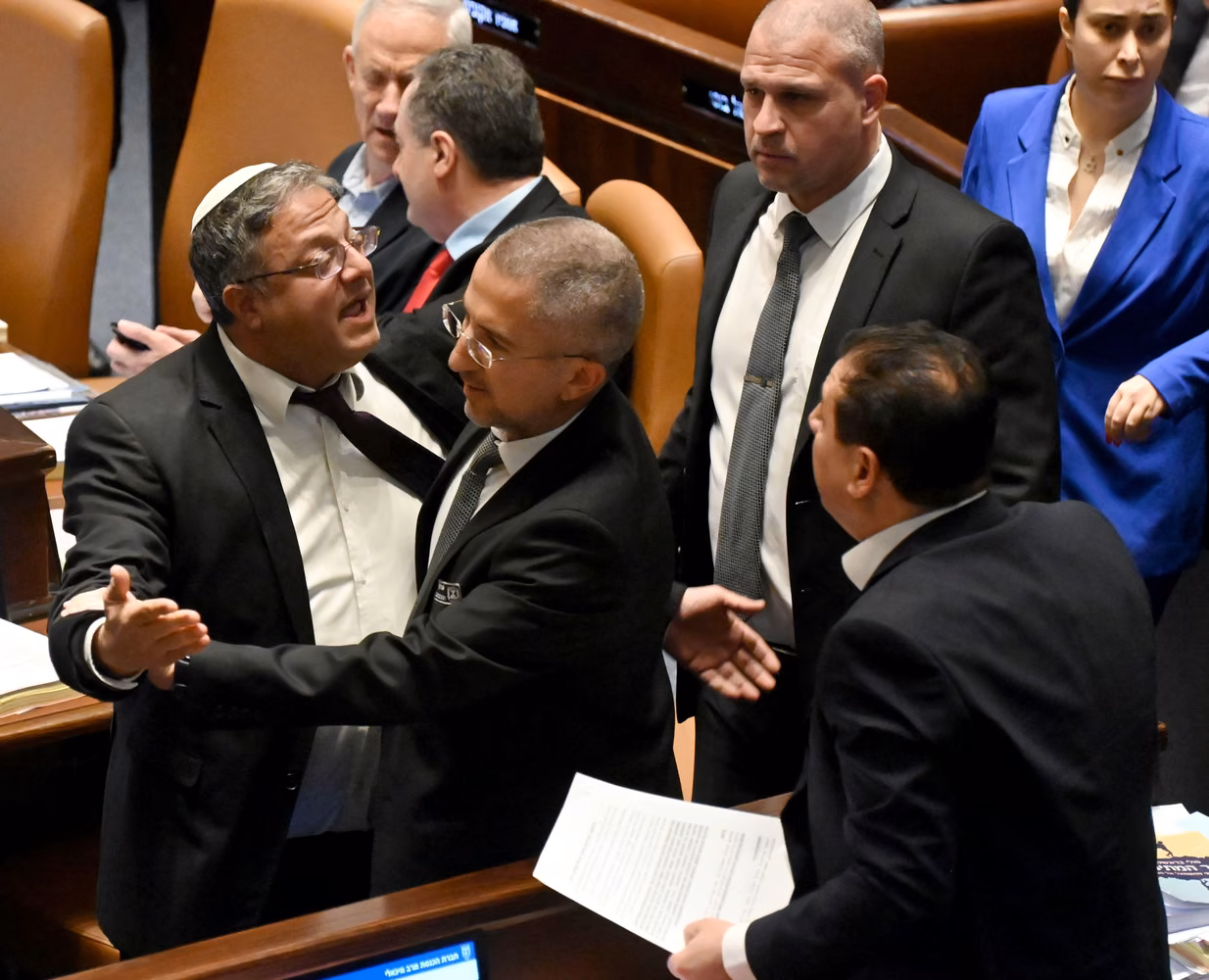 2WRMJ6J Jerusalem, Israel. 13th Mar, 2024. A security guard separates Israeli Minister of National Security Itamar Ben Gvir and Ayman Odeh, an Arab Knesset member, during a conflict in the Knesset, the parliament, in Jerusalem, on Wednesday, March 13, 2024. Photo by Debbie Hill/ Credit: UPI/Alamy Live News