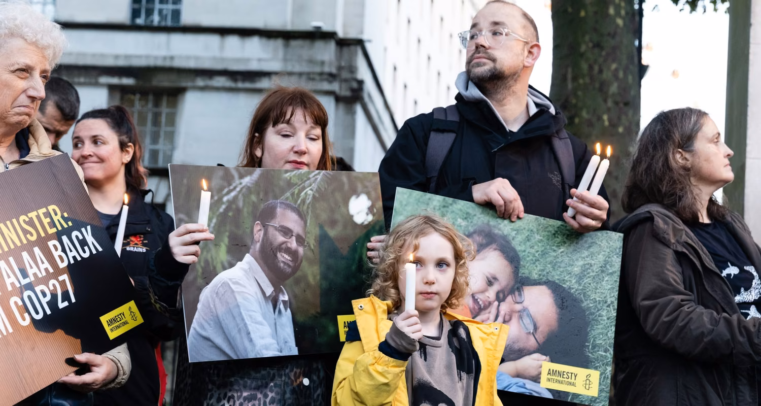 A 2022 vigil at Downing Street asking for the release of Alaa Abd El-Fattah