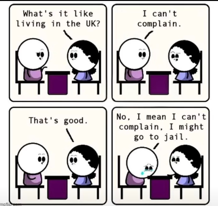 Two cartoon figures discuss life in the uk, in four square boxes